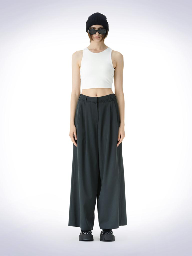 HAUS072C Waist Detail Wide Wool Pants Dark Green