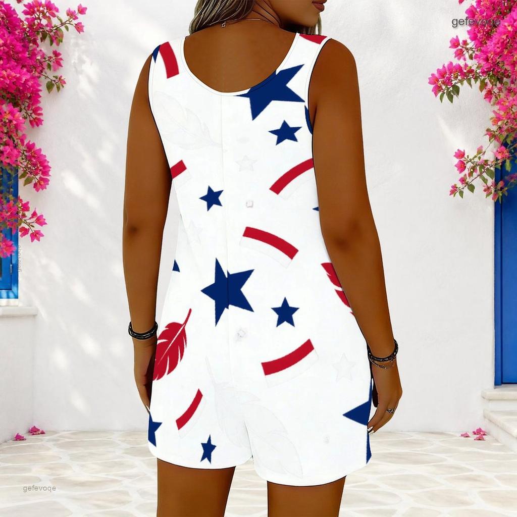 Women Plus Size Red Blue White Star Printed Sleeveless Ring Strap Scoop Neck Loose Romper With Pockets