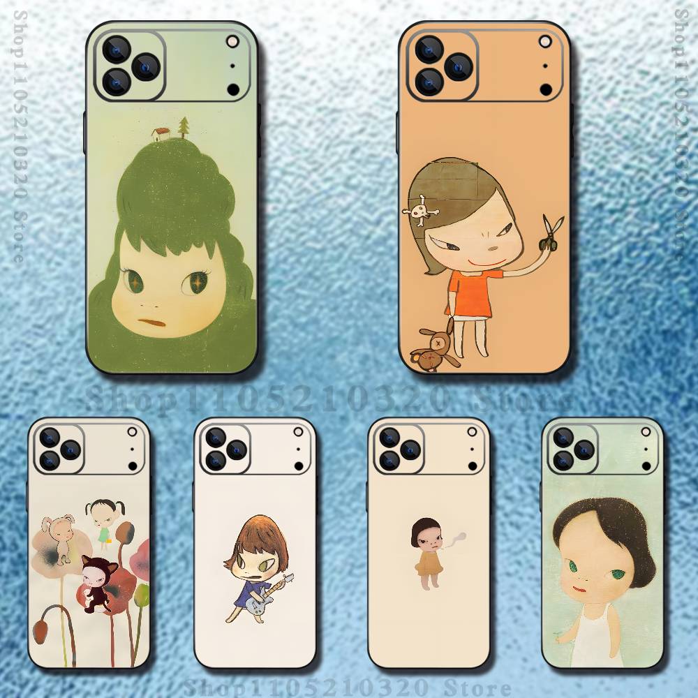 Süße Y-Yoshitomo N-Nara Handyhülle Für iPhone 17,16,15,14,13,12,Pro,Max,Plus,E,SE4,Air,Mini Schwarze Weiche Hülle