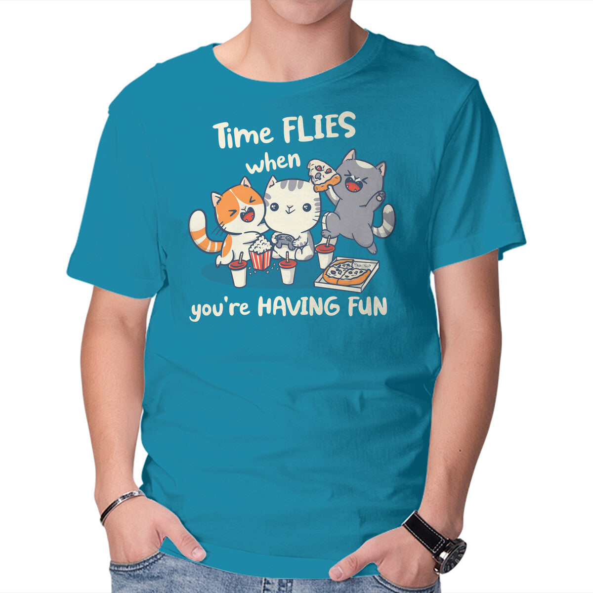 Unisex Crew Neck T-Shirt Time Flies Graphic Short Sleeve Casual Tee L