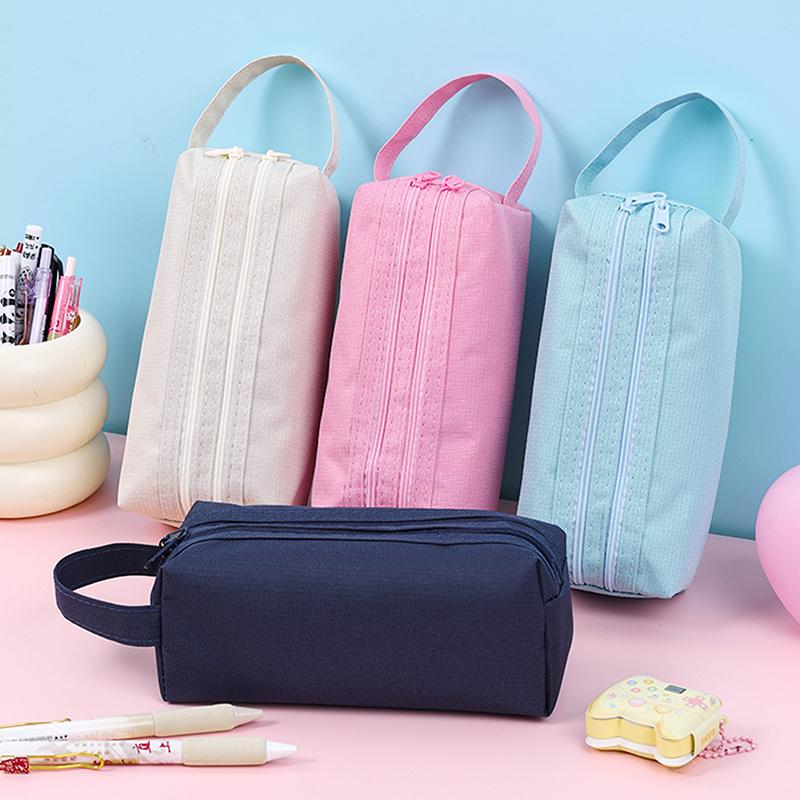 Dvouvrstvé zipové pouzdro na tužky, taška na uložení psacích potřeb, velká kapacita, jednobarevné pouzdro na tužky, školní potřeby