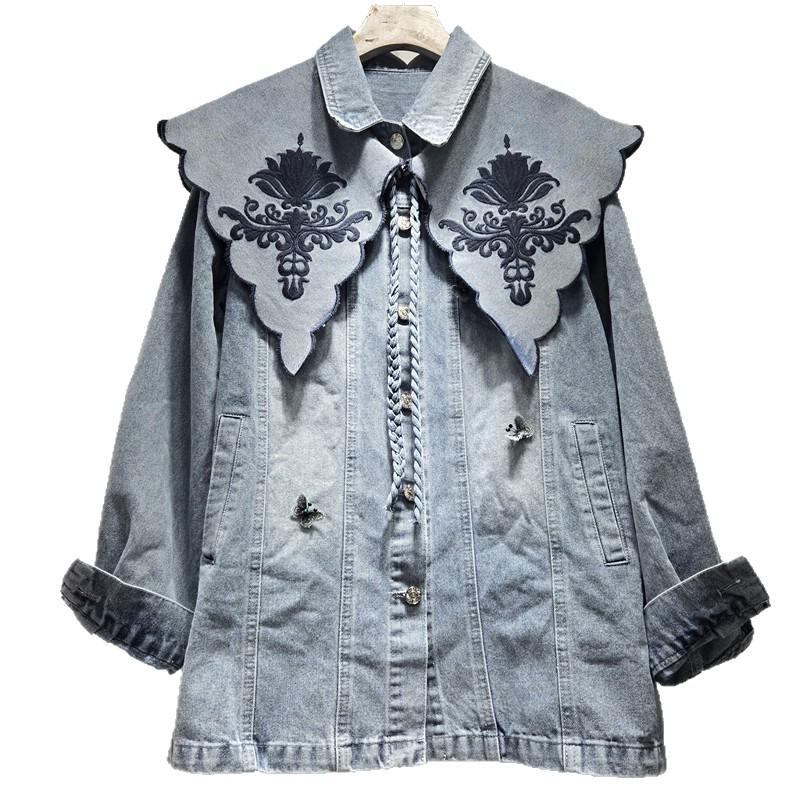 2026 Retro Korean Denim Jacket with Detachable Blue Embroidered Doll Collar Shawl