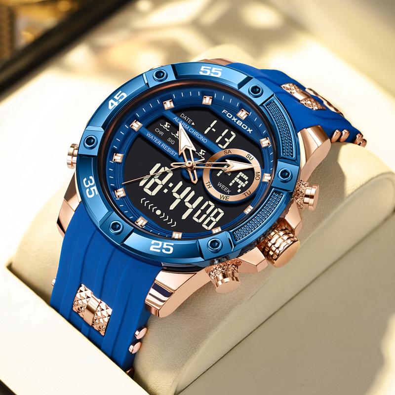 FOXBOX Top Luxury Quartz Wrist Watch For Men Business Steel Waterproof Sports Dual Display Military LED Digital Watches+Box