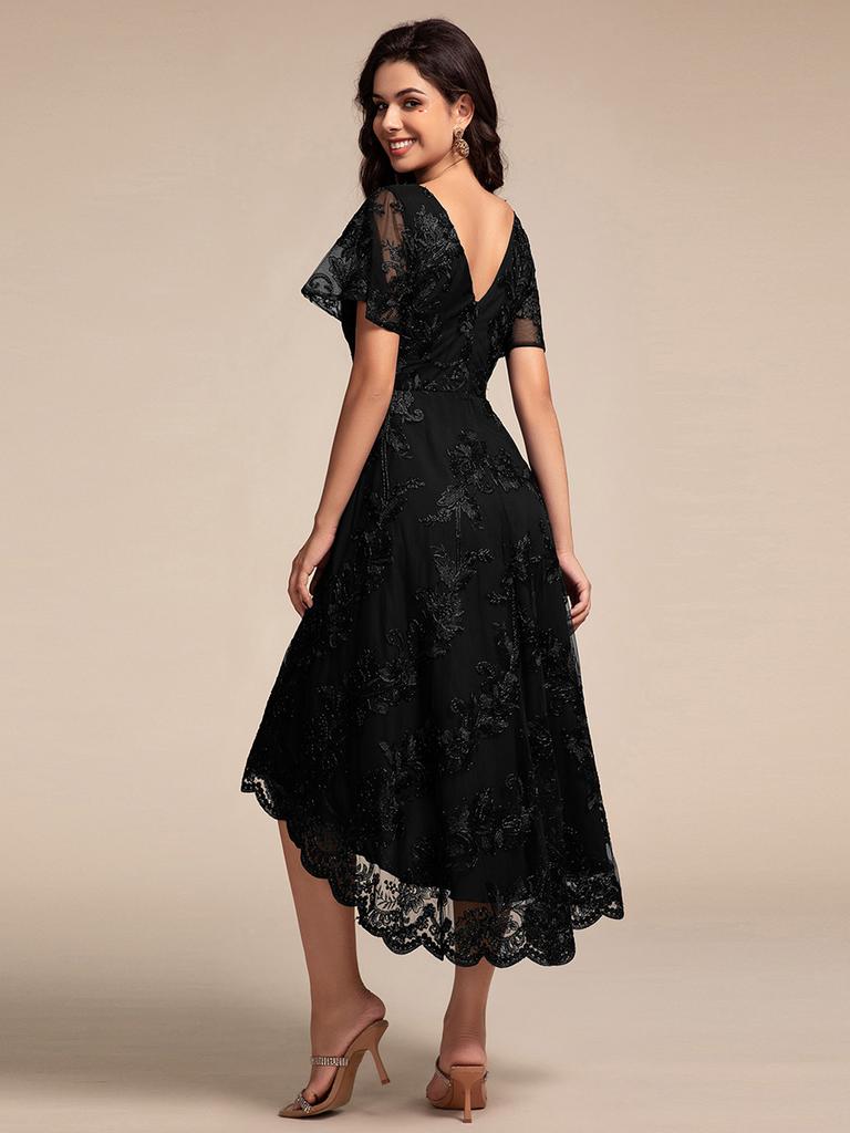 Ever-Pretty Women's Exquisite Embroidery V-Neck See-through Sleeve Wedding Guest Dresses with Asymmetrical Hem