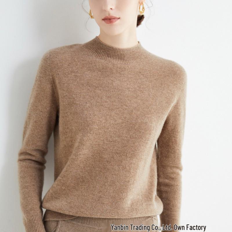 Women's Slim-Fit Autumn Sweater: Fashionable Half-High Neck, Versatile Pure Wool for Base Layer or Outerwear, Skin-Friendly