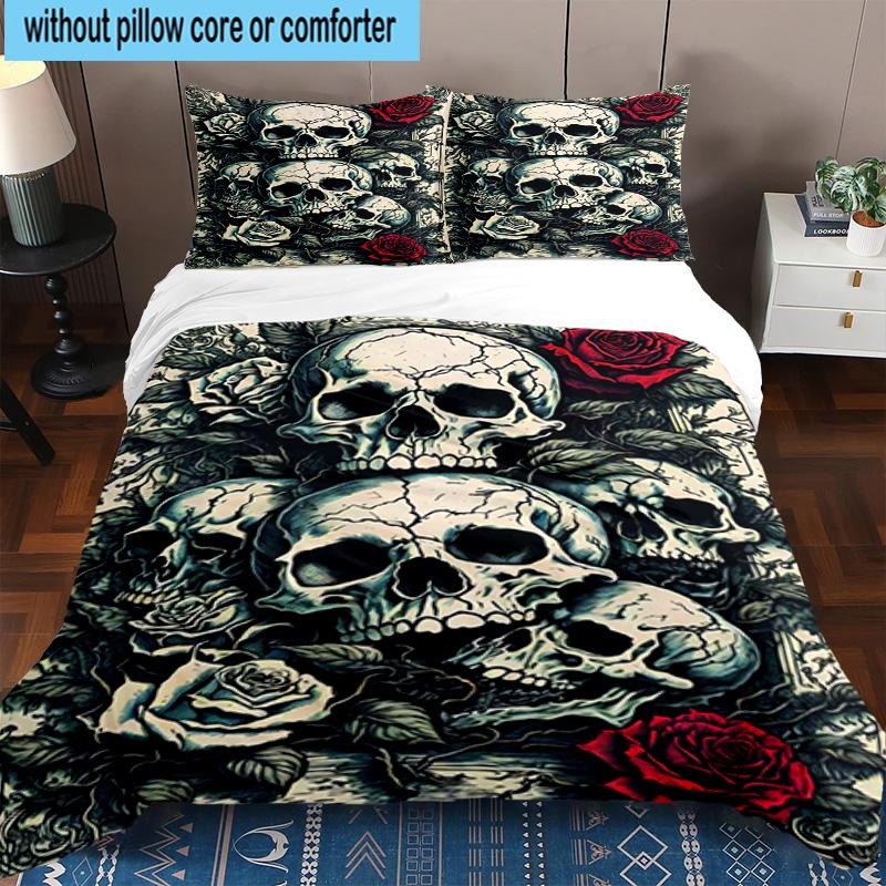 Skulls And Roses Artwork 3pcs Bedding,Including 1pc Duvet Cover And 2pcs Pillowcases Perfect for Christmas,Ideal for Bedroom, Dormitory