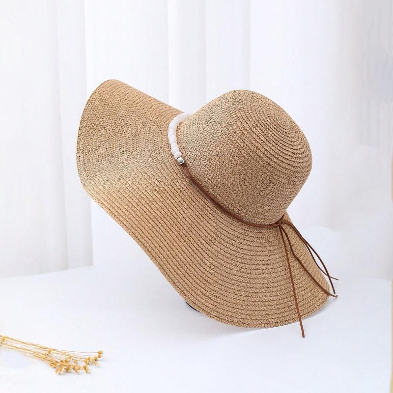 Women's Pearl Strap Wide Brim Fedora Summer Sun Protection Sun Protection Hat Women's Foldable Straw Beach Hat Sun Protection