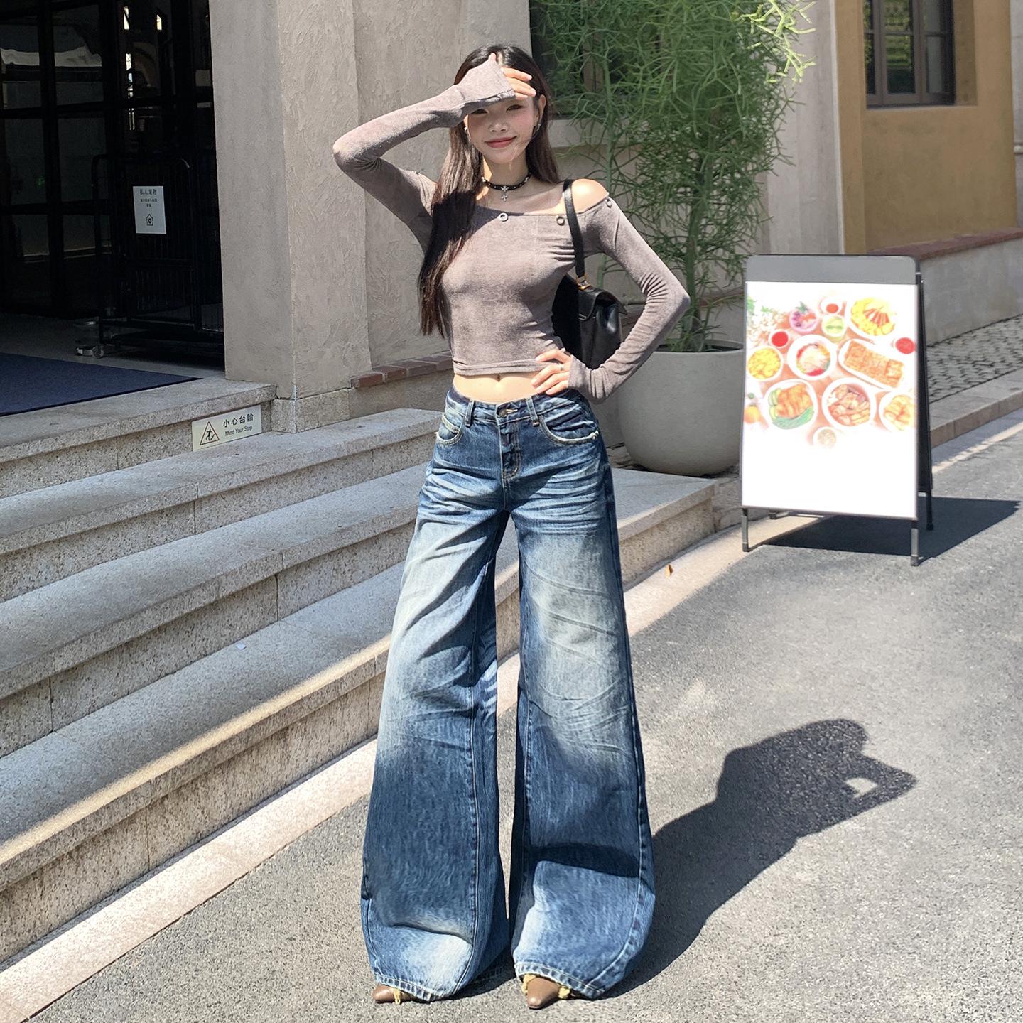 

Retro Blue High-Waisted Wide-Leg Jeans for Women – Autumn/Winter 2025 Collection, Floor-Length and Slimming Design Large