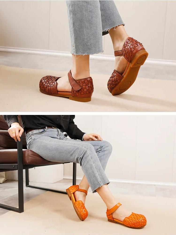 Johnature Women's Sandals Retro Versatile Round Toe Genuine Leather Woven Comfortable Flat Shoes
