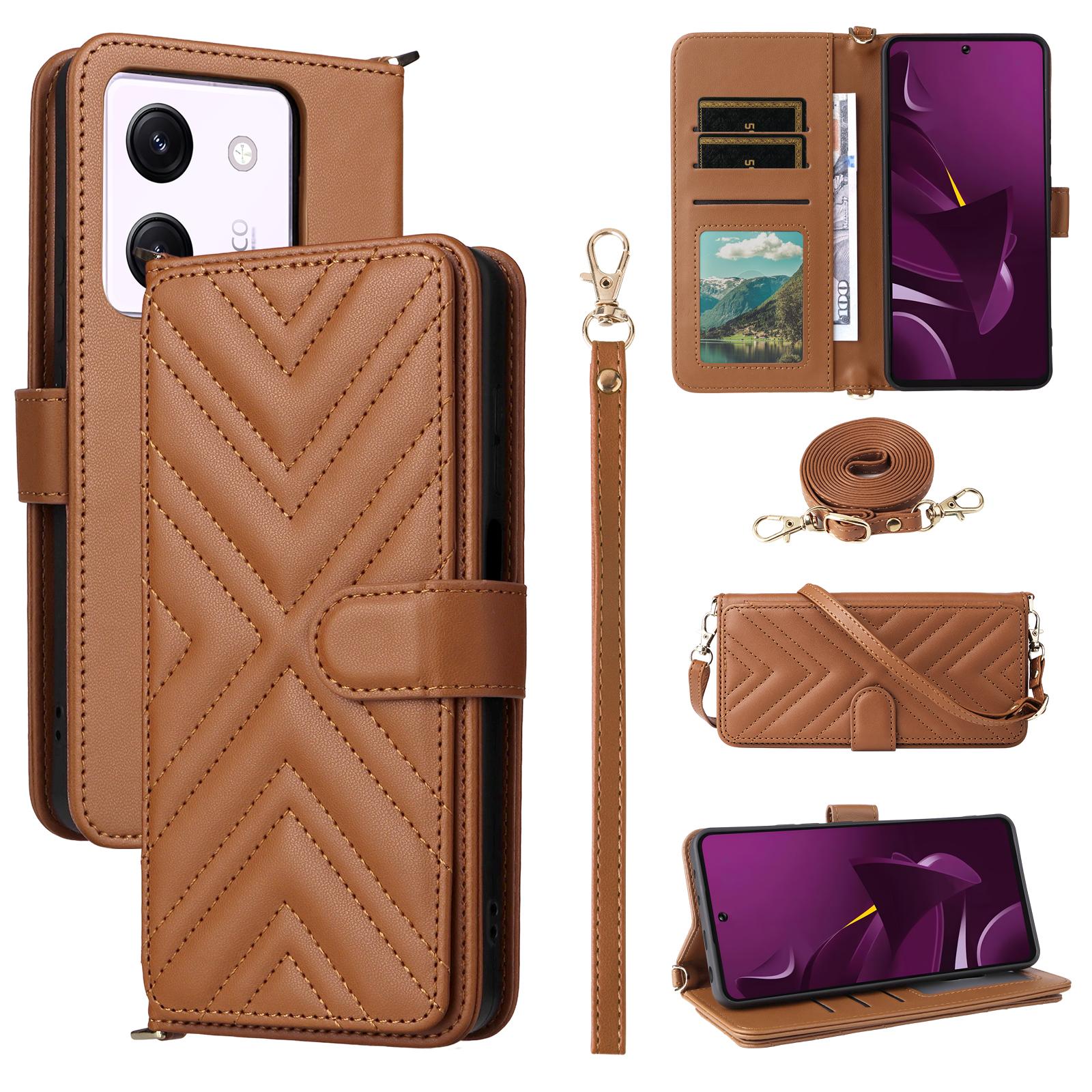 

Чехол-кошелек для Xiaomi Poco M7 Pro 5G с плечевым/кистевым ремешком, кожаная обложка для телефона, подставка Brown