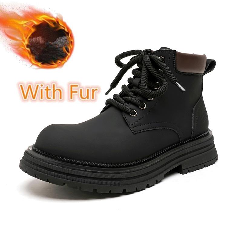 FashionHigh Quality Casual Leather Mens Ankle Boots Tube Rubber Thick Sole Male Motorcycle Boots Fashion Warm Plush Fur Winter Footwear