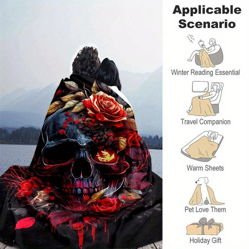 1 szt. Koc z Kwiatową Czaszką Miękki Ciepły do Wystroju Domu Prezent, Salon, Podróż, Kemping, Koc Samochodowy