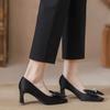 Bow black thick heel high heels women's autumn new temperament professional work satin single shoes