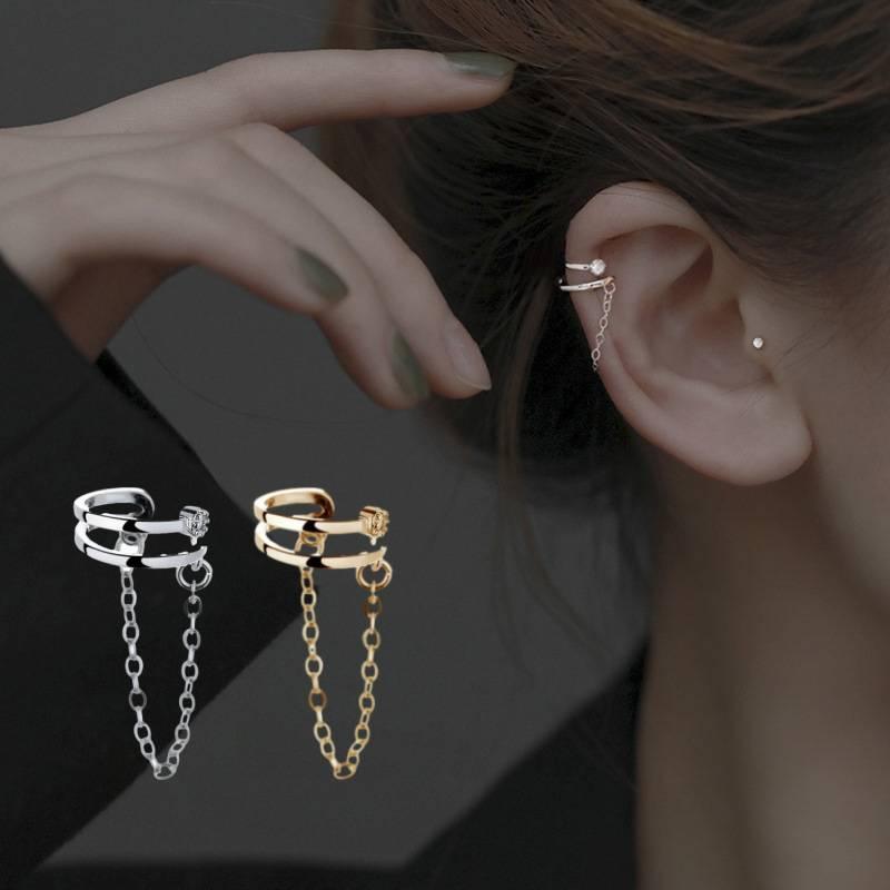 Sparkling Diamond Personalized Doublelayer Chain Cold Style Ear Clip Women Men
