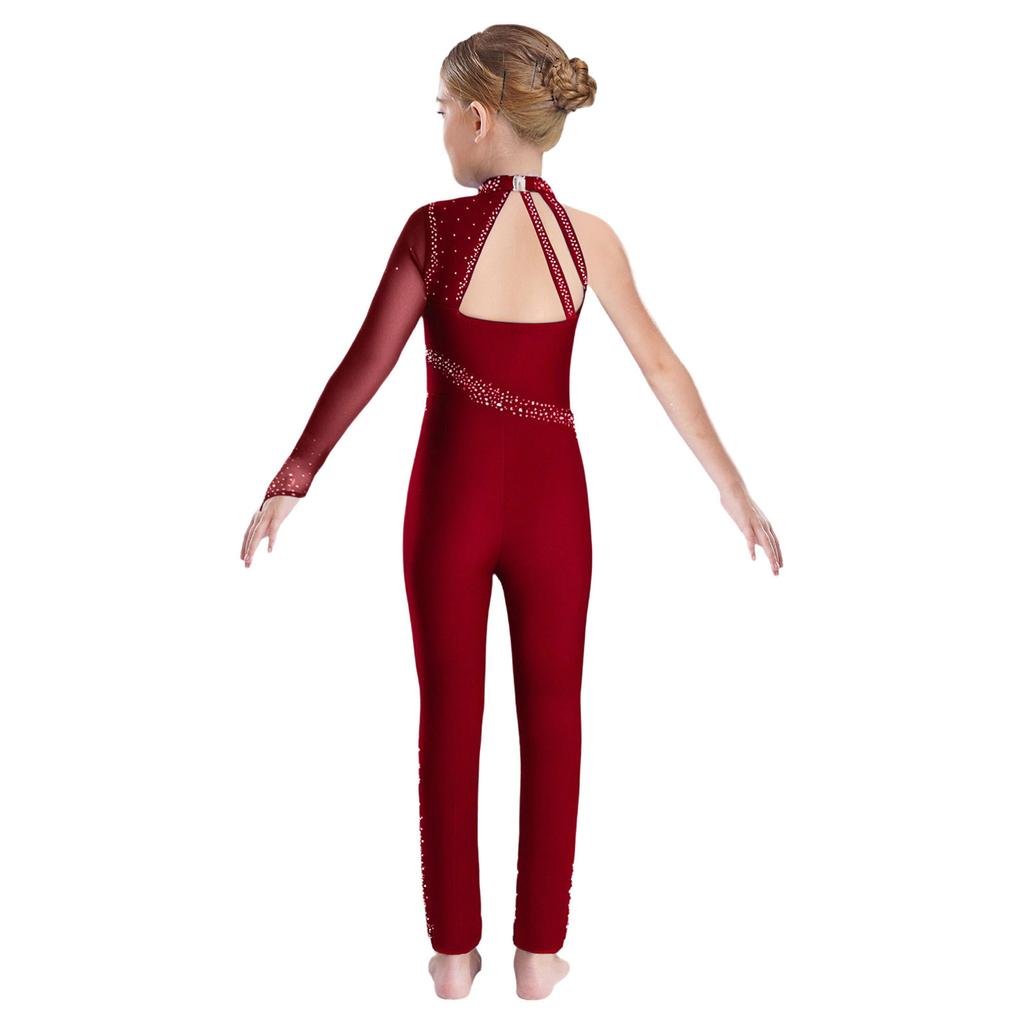 Girls Gymnastics Jumpsuit Sheer Mesh Patchwork Cutout Asymmetrical Design Mock Neck Sparkly Rhinestones Full Body Leotard