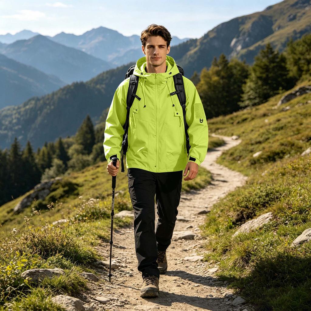 Men's Outdoor Hooded Jacket Thickened Loose Fit Windproof Waterproof Breathable Lightweight Shell for Hiking Camping