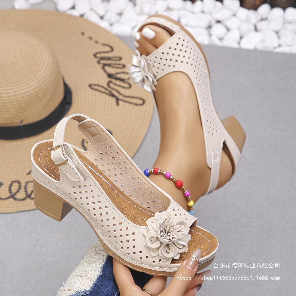 Large size flower high-heeled sandals for women 2025 summer new European and American foreign trade fashion casual thick-heeled sandals for women