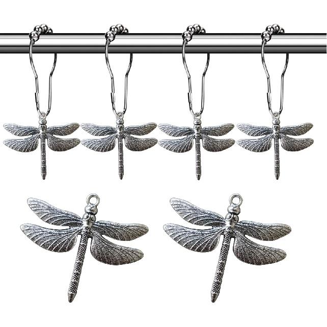 Dragonfly Bathroom Shower Curtain Hooks - Rust Proof Shower Curain Rings,Decorative Bathroom Accessories Set, Natural Forest Garden Country Farm серебряный