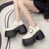 Fashion New 10CM Heels Buckle Casual Leather Shoes  Autumn Women Chunky Sneakers Comfortable Pumps High Platform Walking Shoes Woman