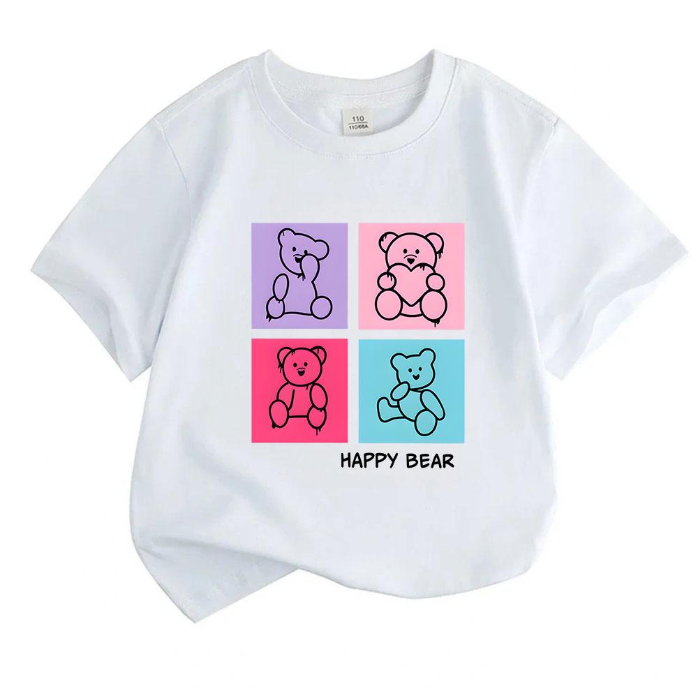 Kids Boys Girls 100% Cotton Short Sleeve Crew Neck T-Shirt, Cute Happy Bear Graphic Print Soft Casual Tee for Children Daily Wear
