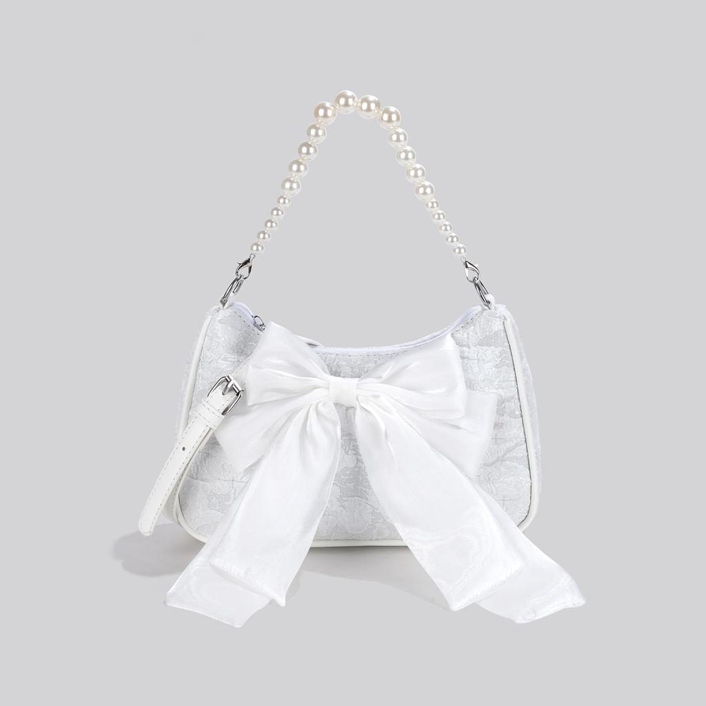 Women's Pearl Chain Handbag Fashion Light Luxury Texture Fairy Bow Crossbody Bag  Trend Soft Shoulder Underarm Pack Female