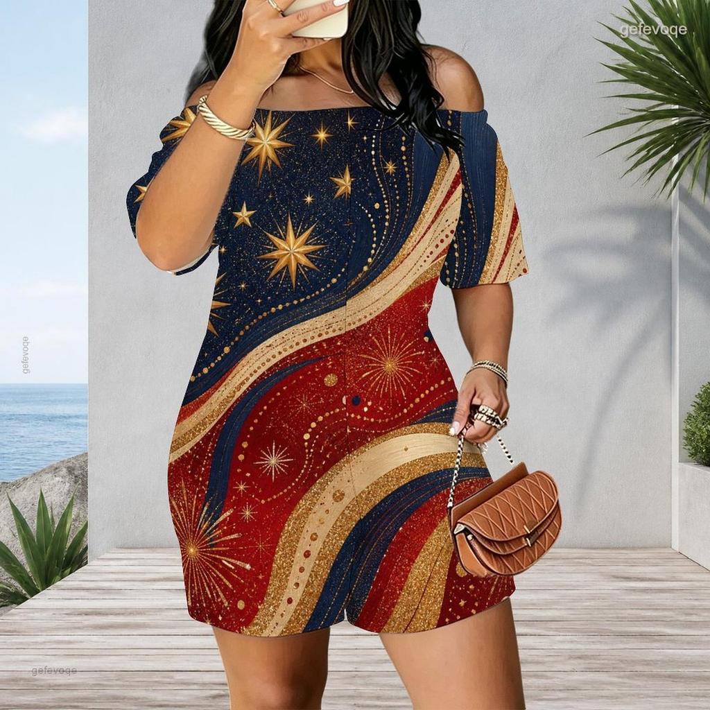 Women Plus Size Off Shoulder Short Sleeve Romper Abstract Liquid Marble Swirl Print Casual Jumpsuit Shorts