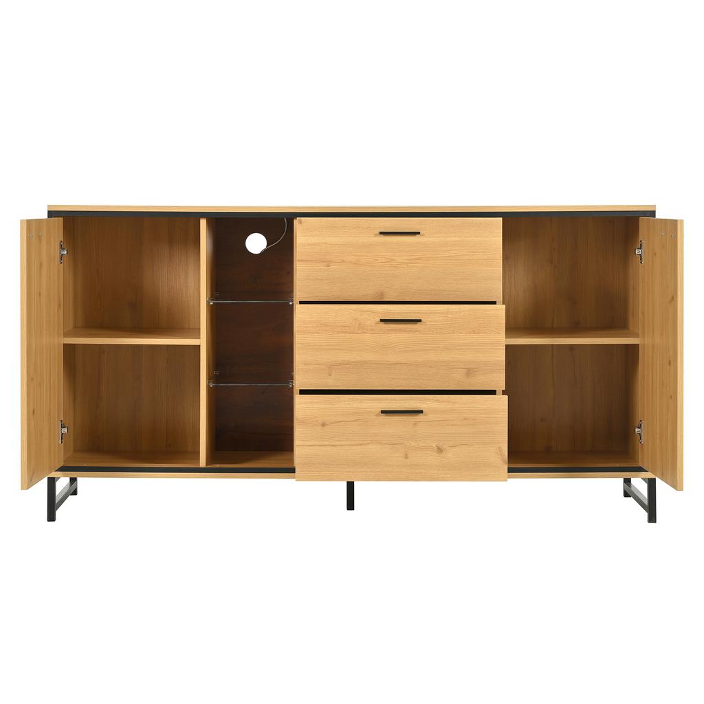 Sideboard with Three Drawers, Exquisite Grain. Modern Sideboard In Wood Color with Storage Compartments. Black and Wood Color.