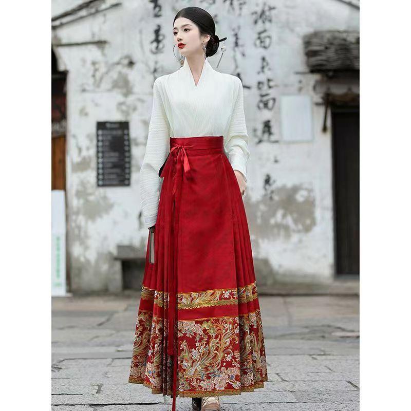 Ming Dynasty Inspired Hanfu Set Womens Embroidered Inner Collar Top Horse-Face Skirt Winter Daily Wear