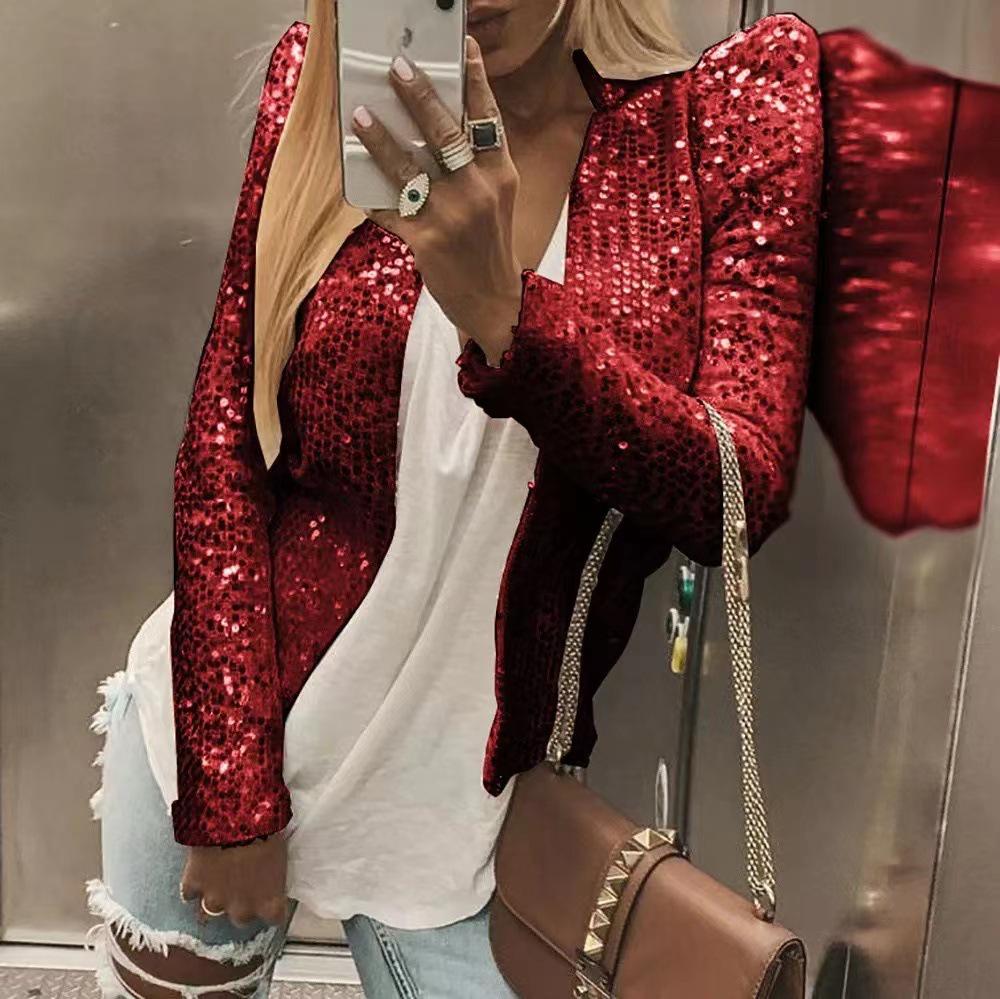 European & American Women's Spring Sequin Stand-Up Collar Versatile Jacket