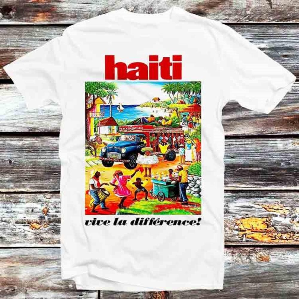 

230GSM 100% Cotton T-Shirt Haiti Vintage Travel Tourism Poster Vive la Difference T Shirt Vintage Retro Gift Unisex Cartoon Anime Top Tee B1406 XS белый