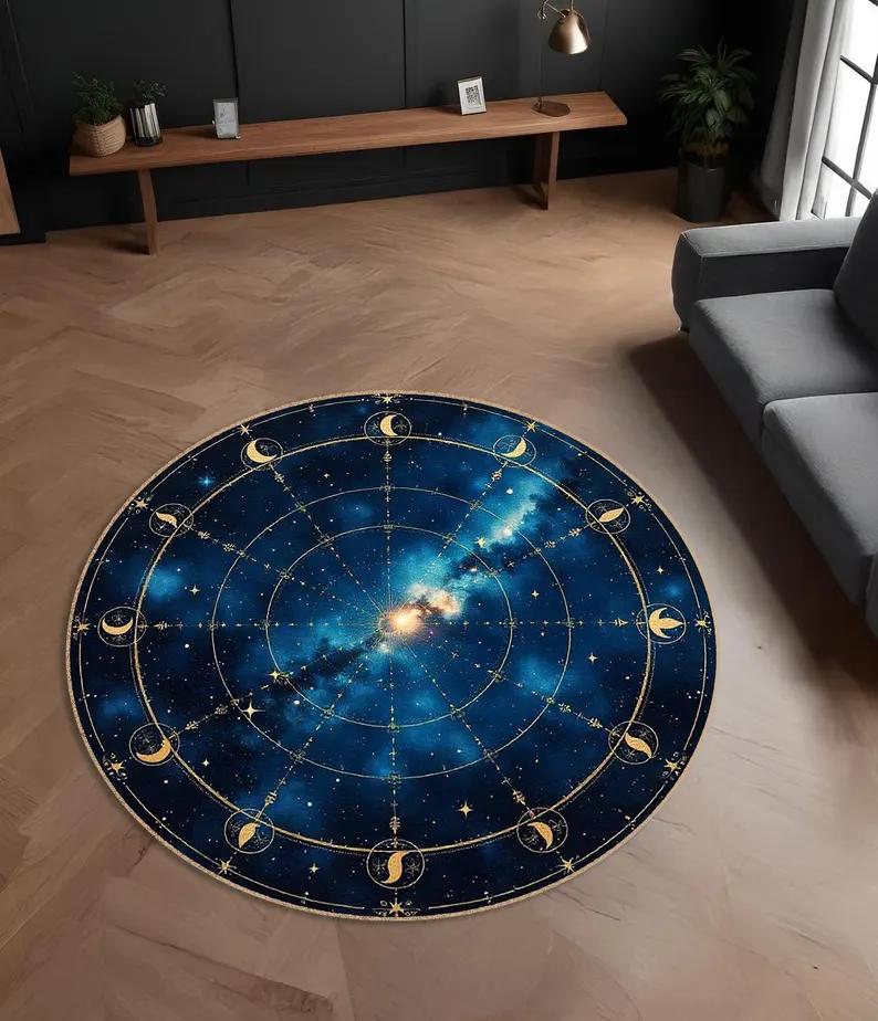 Celestial Rug Deep Blue  Gold Moon and Stars Round Rug, Washable Cosmic Carpet Office Garden Patio Indoor Yoga Mat for Reading