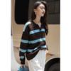 Demana Women's Retro Striped Color Block Turn-Down Collar Sweater
