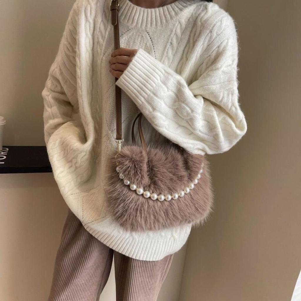 Women's Faux Fur Pearl Crossbody Tote - Autumn/Winter Collection
