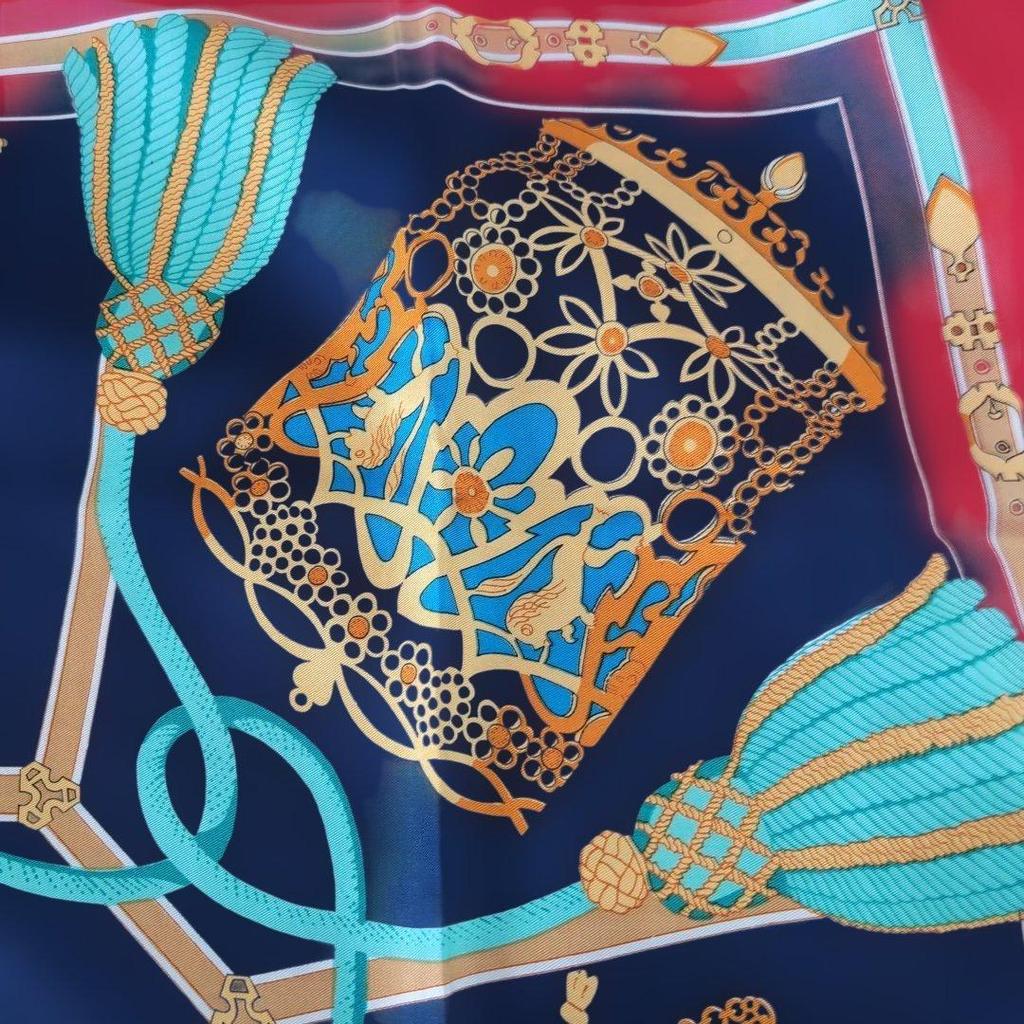 Used France Silk Scarf Navy Red Gold Unbranded