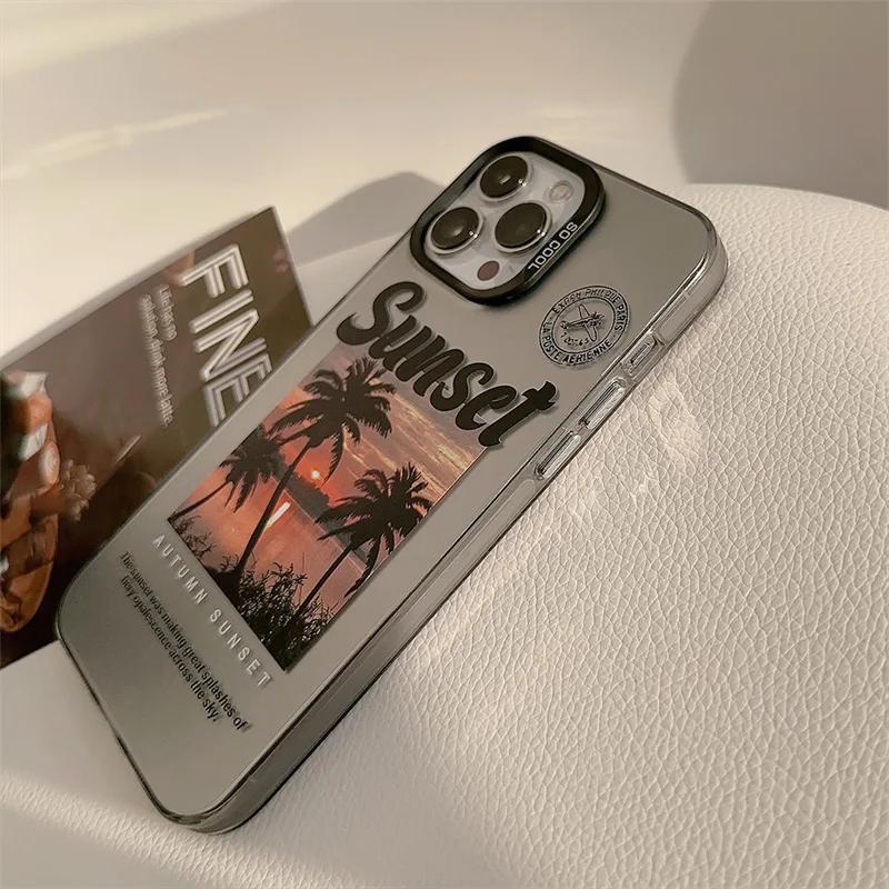 Sunset Coconut Tree Scenery Laser Phone Case For iPhone 16 15 14 13 12 11 Pro Max XS XR X 7 8 Plus SE  Shockproof Hard Cover