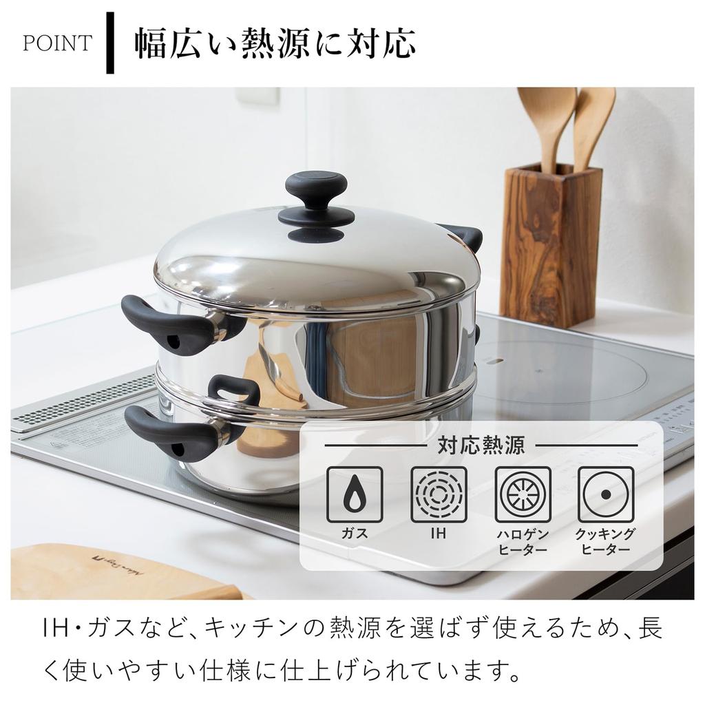 Miyazaki Seisakusho 2-Tier Steamer, 25cm, Made in Japan, Stainless Steel, 3-Layer Construction, Double Handle, Steamer, Healthy Cooking, IH Compatible