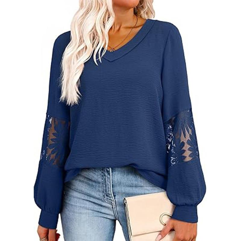 New Spring and Autumn Women's V-neck Long-sleeved Lace Fashionable Casual Tops
