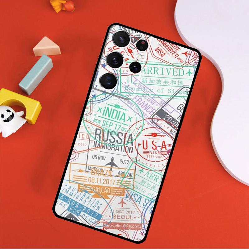

Retro Post Card Passport Stamps Phone Case For Samsung Galaxy S25 Ultra S9 S10 S20 S21 FE S22 S23 S24 Plus S24 Ultra Cover Galaxy S25 Plus