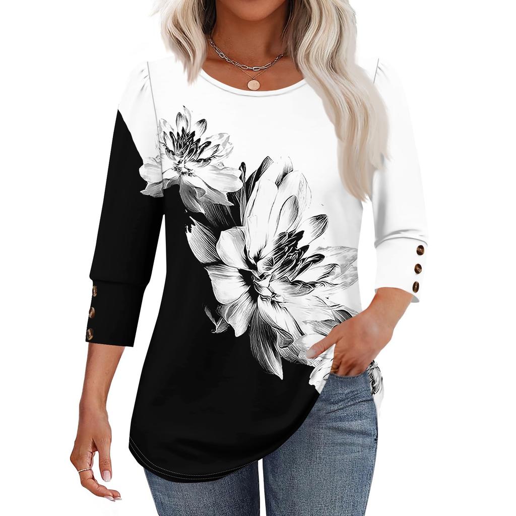 Women's Fashion Casual Vintage Floral Print Round Neck Sevenfold Sleeve T-shirt Top