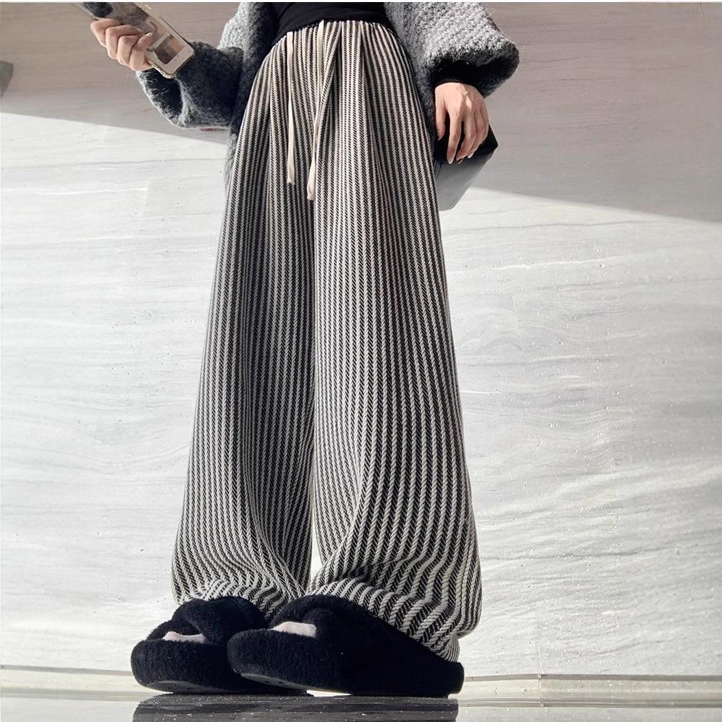 

Striped Woolen Drawstring Wide-Leg Pants for Women – High Waist Black & White, Petite 150, XS, Autumn/Winter Casual. S (recommended weight 80-95 jin)