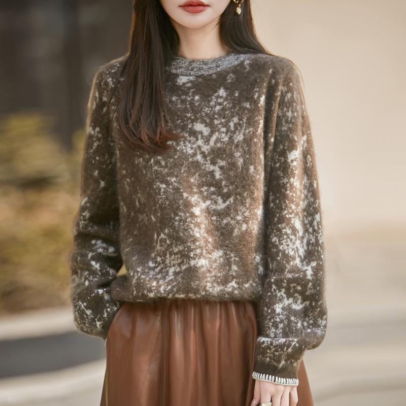 Women's Round Neck Ink Painting Color Block Sweater - 95% Wool, 5% Cashmere, Autumn/Winter Plush Knit Base Layer.