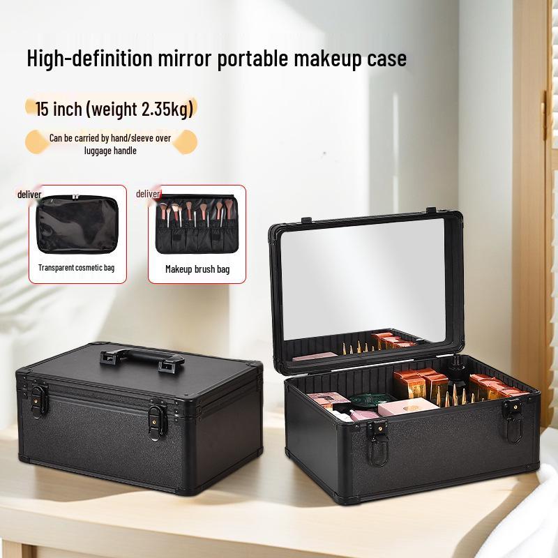 Portable Makeup Case with Mirror & Lights, Handheld Cosmetic Storage, Professional Makeup Artist's Hanging Suitcase.