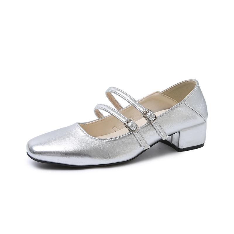 Coarse heel silver Mary Jane shoes light mouth spring 2025 new one-word strap with skirt temperament single shoes women's shoes