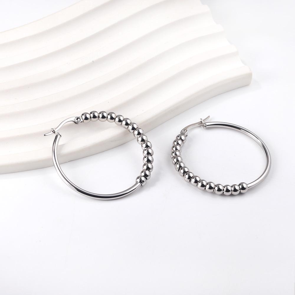 High-End European and American Stainless Steel Hoop Earrings with Steel Beads