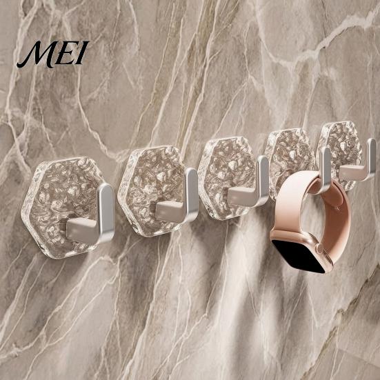 Wall Storage Hooks Acrylic Adhesive Hooks, Hexagonal Wave Shape, No Drilling Easy Transparent Installation Hook, Modern Style Clear for Bathroom