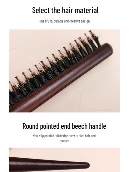 Fluffy Tooth Three-Row Boar Bristle Hairdressing Comb - Wooden, Pointed, Long Handle for Teasing, Curling, and Styling