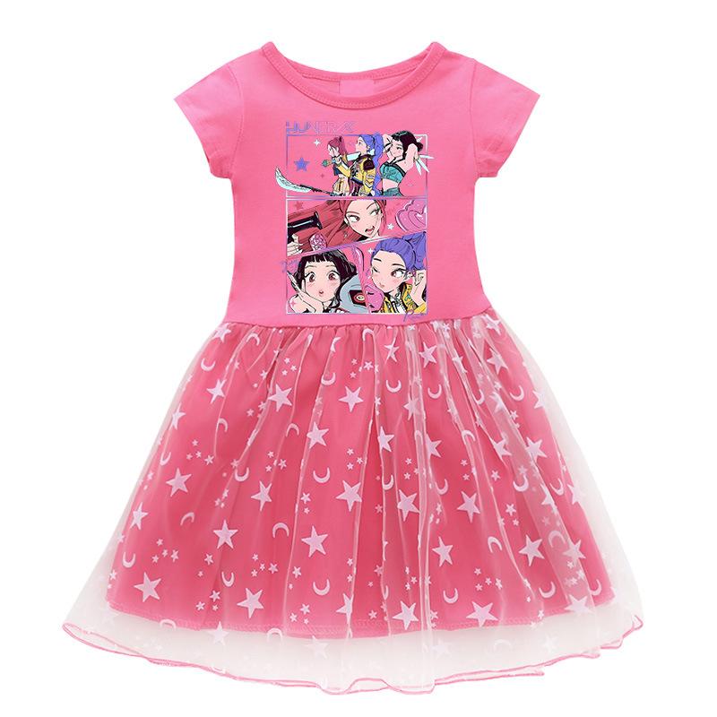 Kids Girls Kpop Demon Hunters Cartoon Print T-Shirt Dress Summer Casual Short Sleeve Star Moon Tulle Princess Dress Children Toddler Girl Clothing