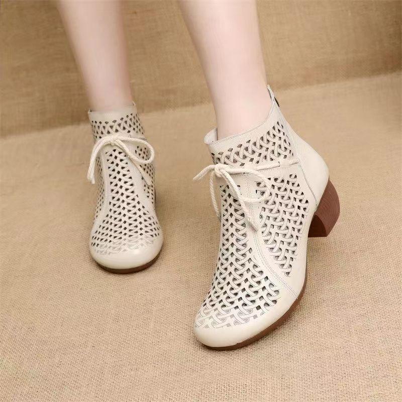 Fashion Shoes Block Heels Soft Sandal Woman Boot 2025 Summer Breathable Chunky New Retro Real Genuine Leather Block Heels Retro Woman Sh