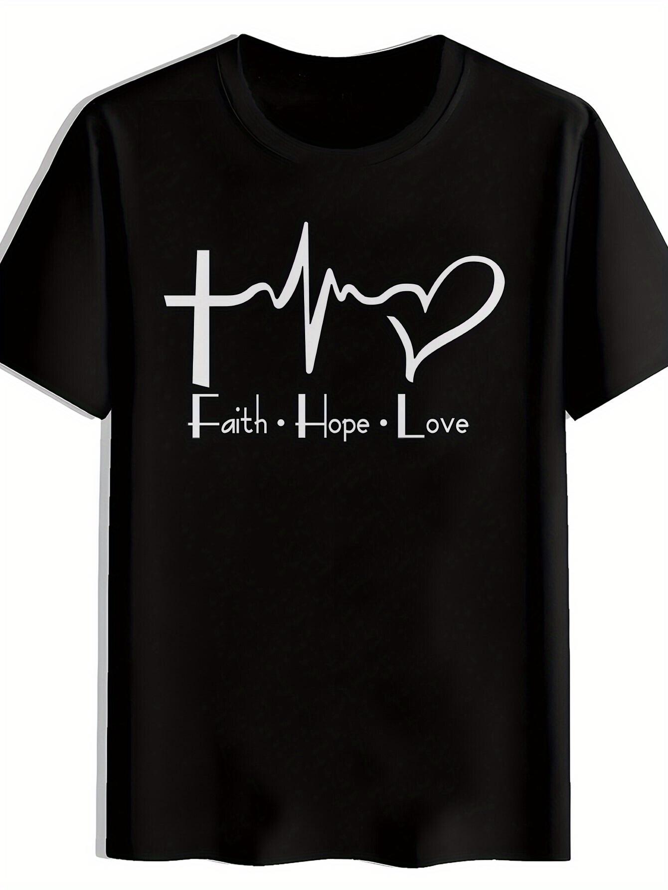 Black T-shirt with Heartbeat & Christian Cross Design - Faith Hope Love Print XXL