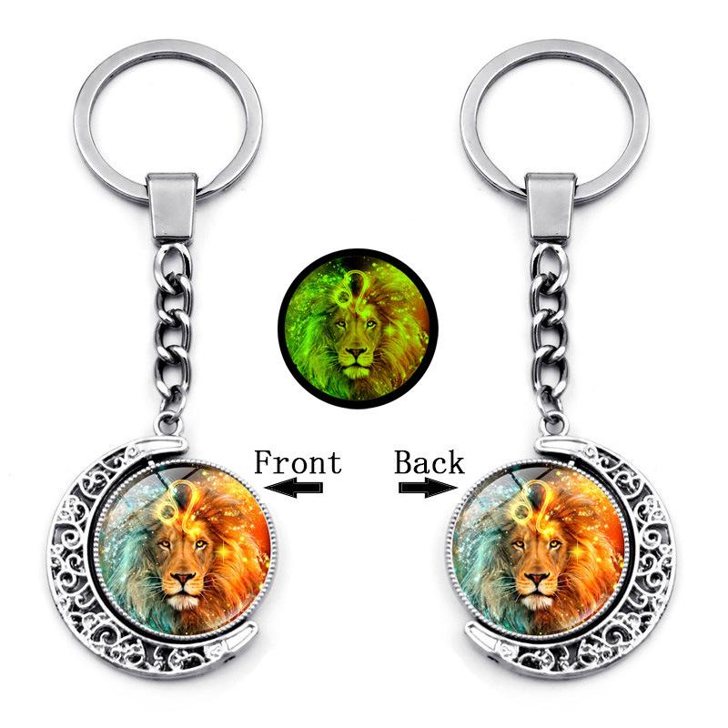 Luminous Twelve Constellations Time Gemstone Keychain Pendant Rotating Moon Pendant Metal Keychain Hanging Gift